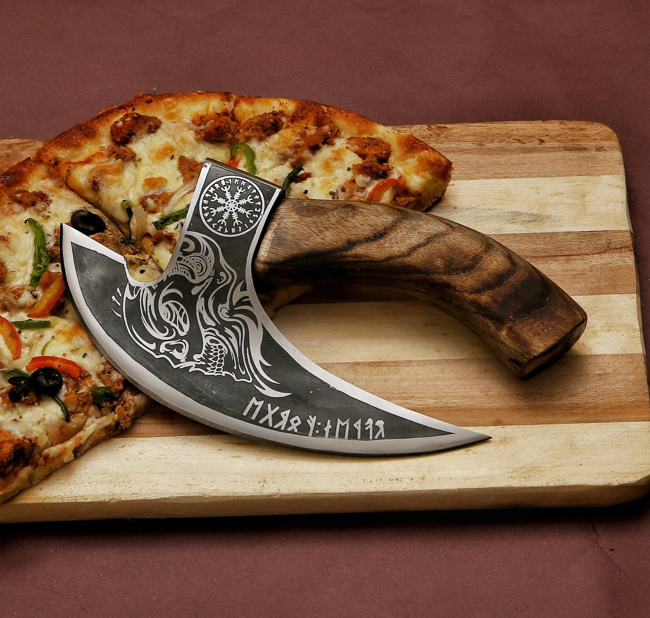 Custom hand forged pizza cutter X, Viking pizza cutter , Viking Bearded Camping pizza Cutter