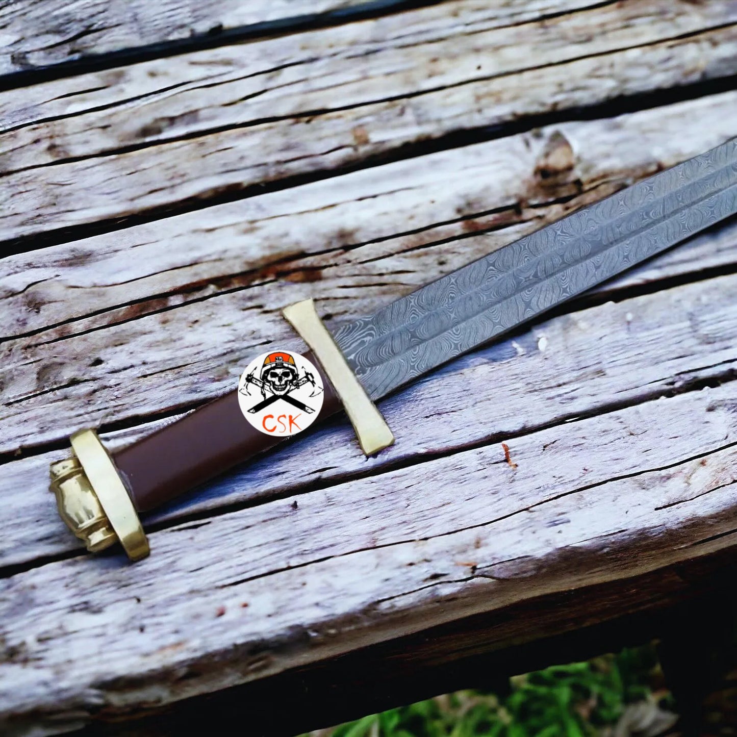 Custom Damascus Viking Sword With Brass Pummel & Guard