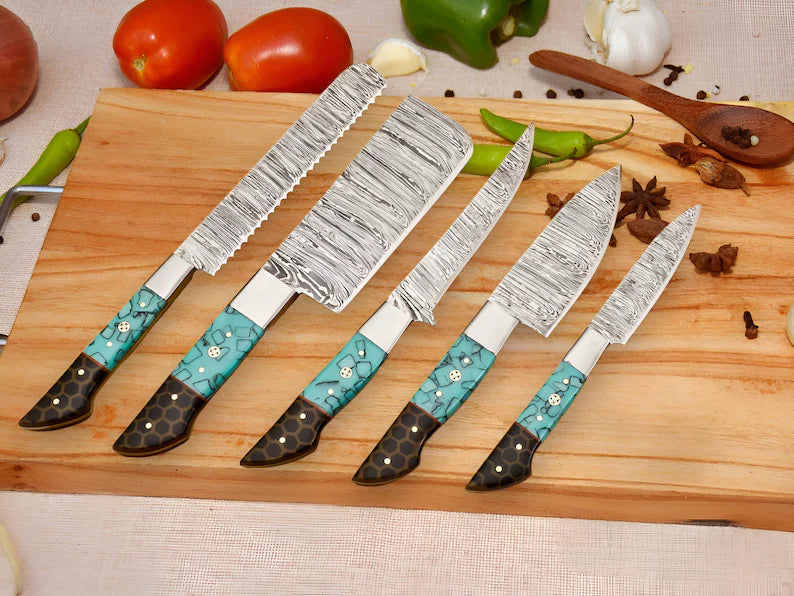 Handmade Damascus Chef Knife Set 5pcs Gift for Her Gift for Him Kitchen knife  Christmas gift Camping knife Gift for him Groomsmen gift