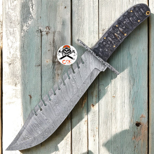 Timber Wolf Shark Back Knife And Sheath - Damascus Steel Blade, Wooden Handle, Lanyard Hole - Length 15