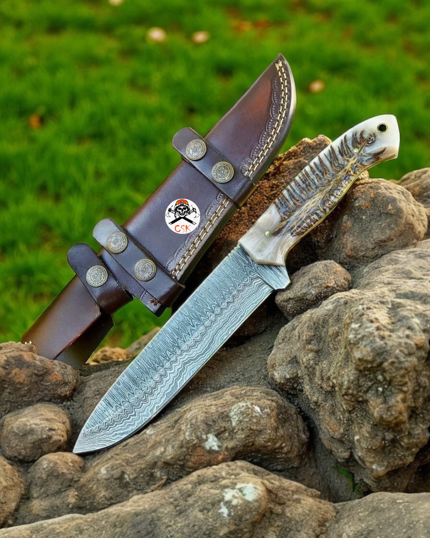 RANCHER BELT KNIFE – DAMASCUS ALONG BLADE WITH PINE CONE HANDLE