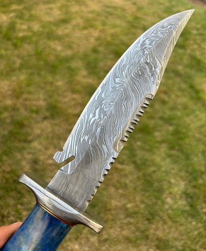 Custom Handmade Damascus Hunting Camping Knife with Stained Bone,Damascus Guard and Pommel Handle