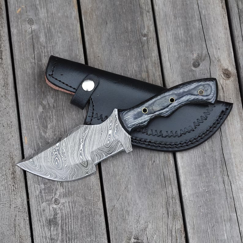 Blue Lagoon Damascus Steel Knife - Collectible Full Tang Hand Forged Blended Steel Outdoor Hunting Knife with Leather Sheath