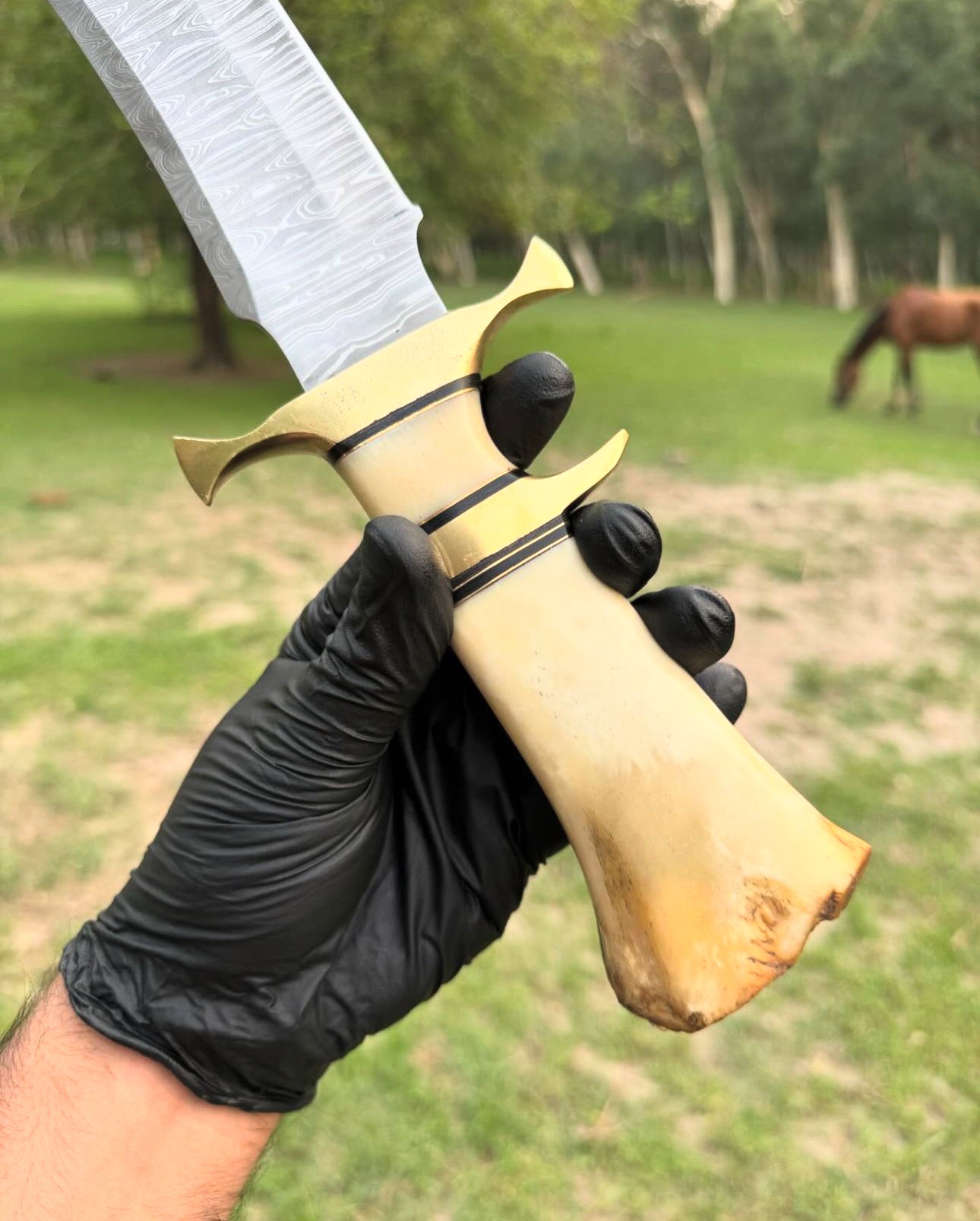 Damascus Steel Camping Knife with Brass Guard and Camel Bone Handle"