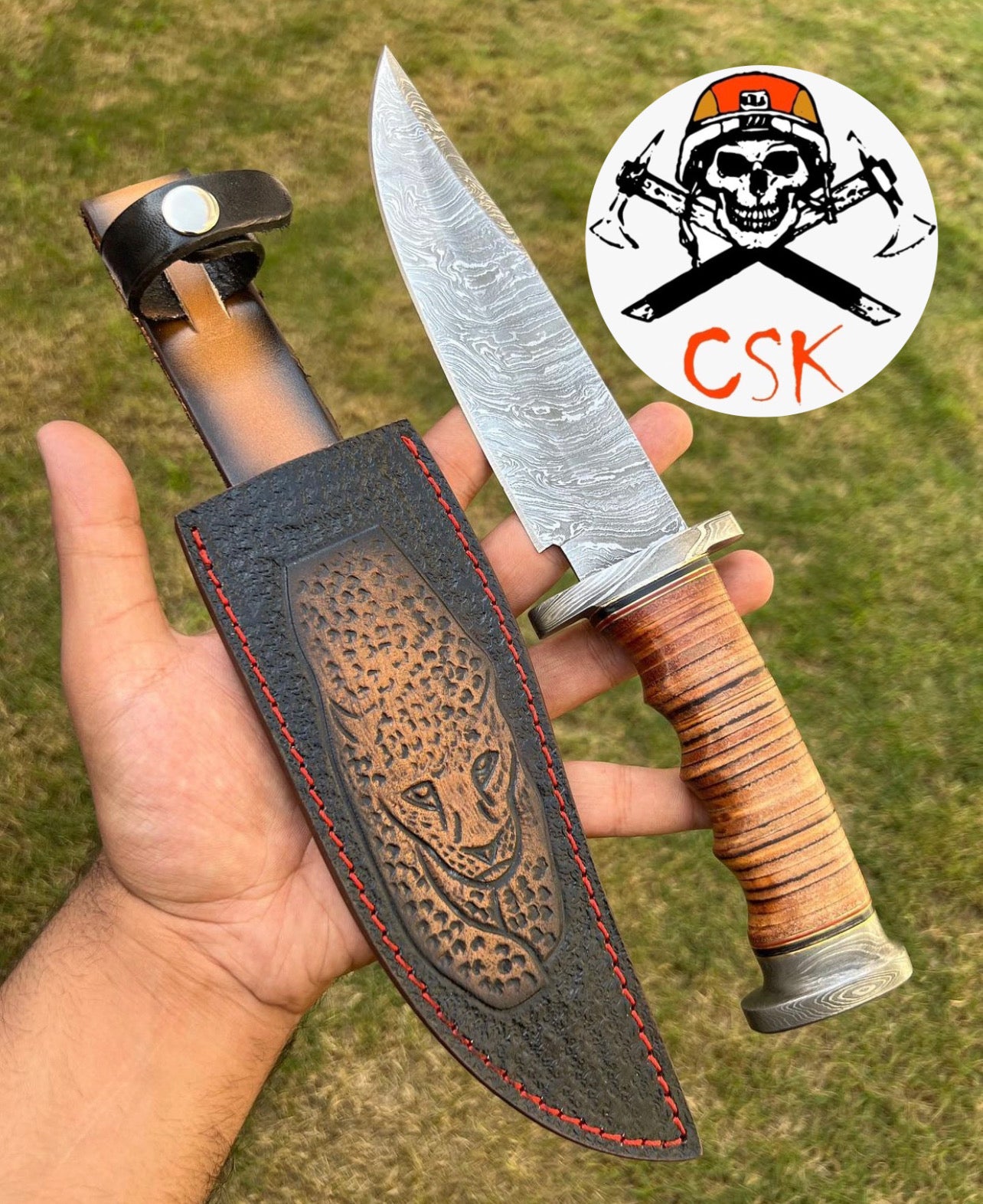 Exquisite Damascus Hunting Knife with Stacked Leather Handle | Limited Edition | cskforged store"