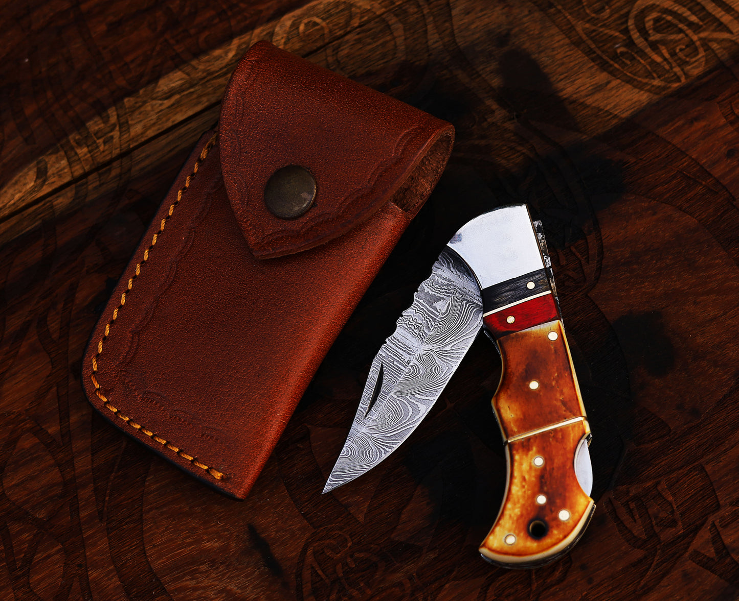 DAMASCUS POCKET KNIFE, HANDMADE FOLDING KNIFE, MADE OF BURNT CAMEL BONE