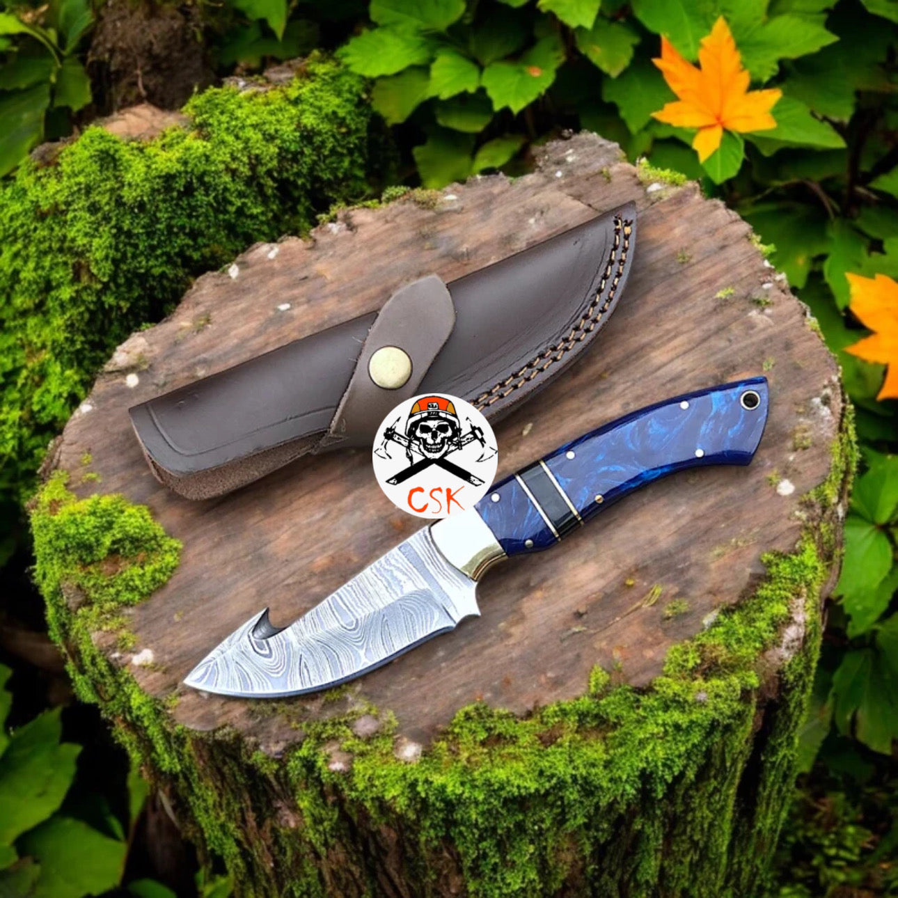 Azure Fury: Hand-Forged Damascus Hunting Knife