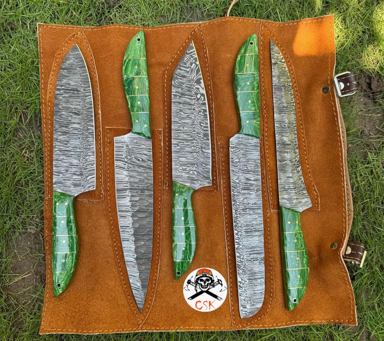 Hand-Forged Damascus Steel Knife Set with Green Resin Handles – Precision Crafted for Culinary Excellence