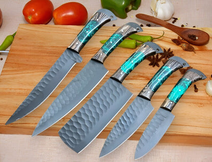 Handmade D2 Steel Chef Knife Set 5pcs Gift for Her Gift for Him Kitchen knife  Christmas gift Camping knife Gift for him Groomsmen gift