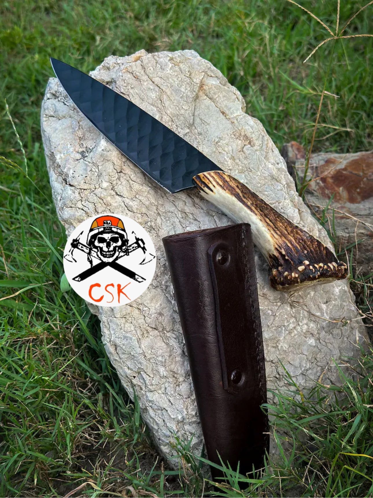 Handcrafted High carbon Steel Knife with Antler Handle – Razor-Sharp, Patterned Blade for Precision Edge