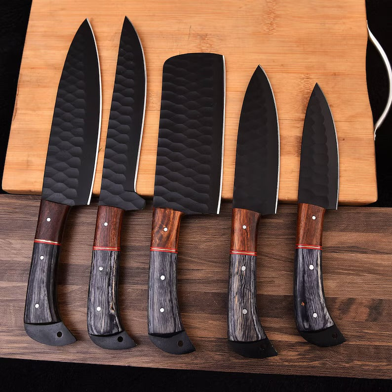Hand Forged Damascus steel chef set of 5 knives Kitchen knife Gift for her Christmas gift Camping knife Gift for him Groomsmen gift