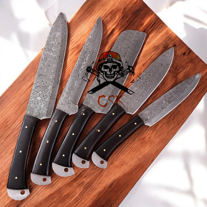 Artisan Damascus Custom (5pcs) Kitchen Knives Set with Buffalo Horn