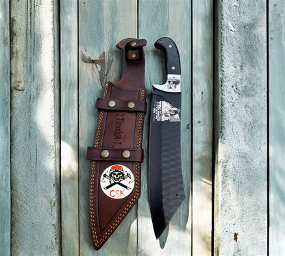 Custom Handmade Machete Knife with Trump Logo - Black Powder Coated Blade & Cowhide Leather Sheath