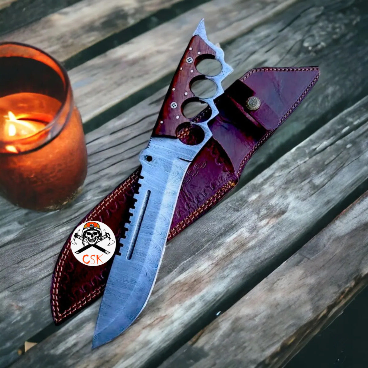 Handmade Damascus Tactical Knuckle Bowie Knife with Full Tang handle