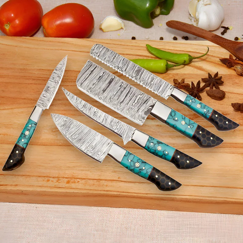 Handmade Damascus Chef Knife Set 5pcs Gift for Her Gift for Him Kitchen knife  Christmas gift Camping knife Gift for him Groomsmen gift