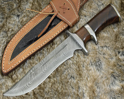 RAIDER PERSONALIZED DAMASCUS STEEL Camping KNIFE WITH EXOTIC ROSE WOOD HANDLE & SHEATH