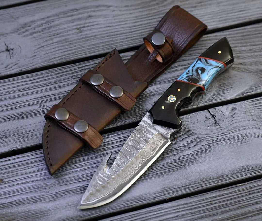 DAMASCUS EVOKE HOOK KNIFE, HORN & TURQUOISE HANDLE