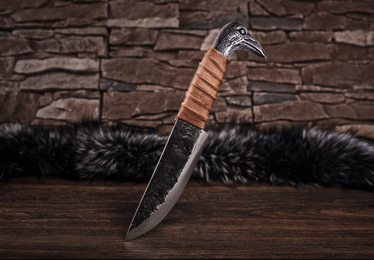 Viking Knife With Raven's Head Hilt & Leather Sheath - 5.5" Carbon Steel Sharp blade - Utility and Hunting Knife