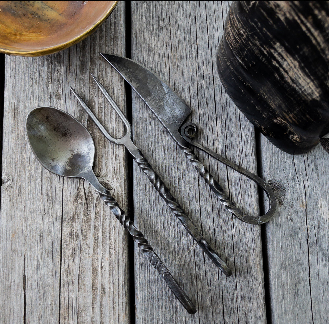 Fireside Feast 3PC Iron Silverware Set - Medieval Inspired Natural Iron Fork, Spoon, and Knife Cutlery Set for Camping & Reenactment