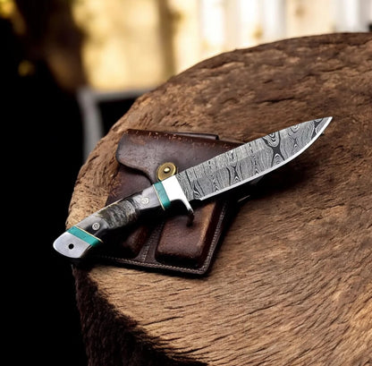 Handmade Damascus Sheep Horn Hunting Knife