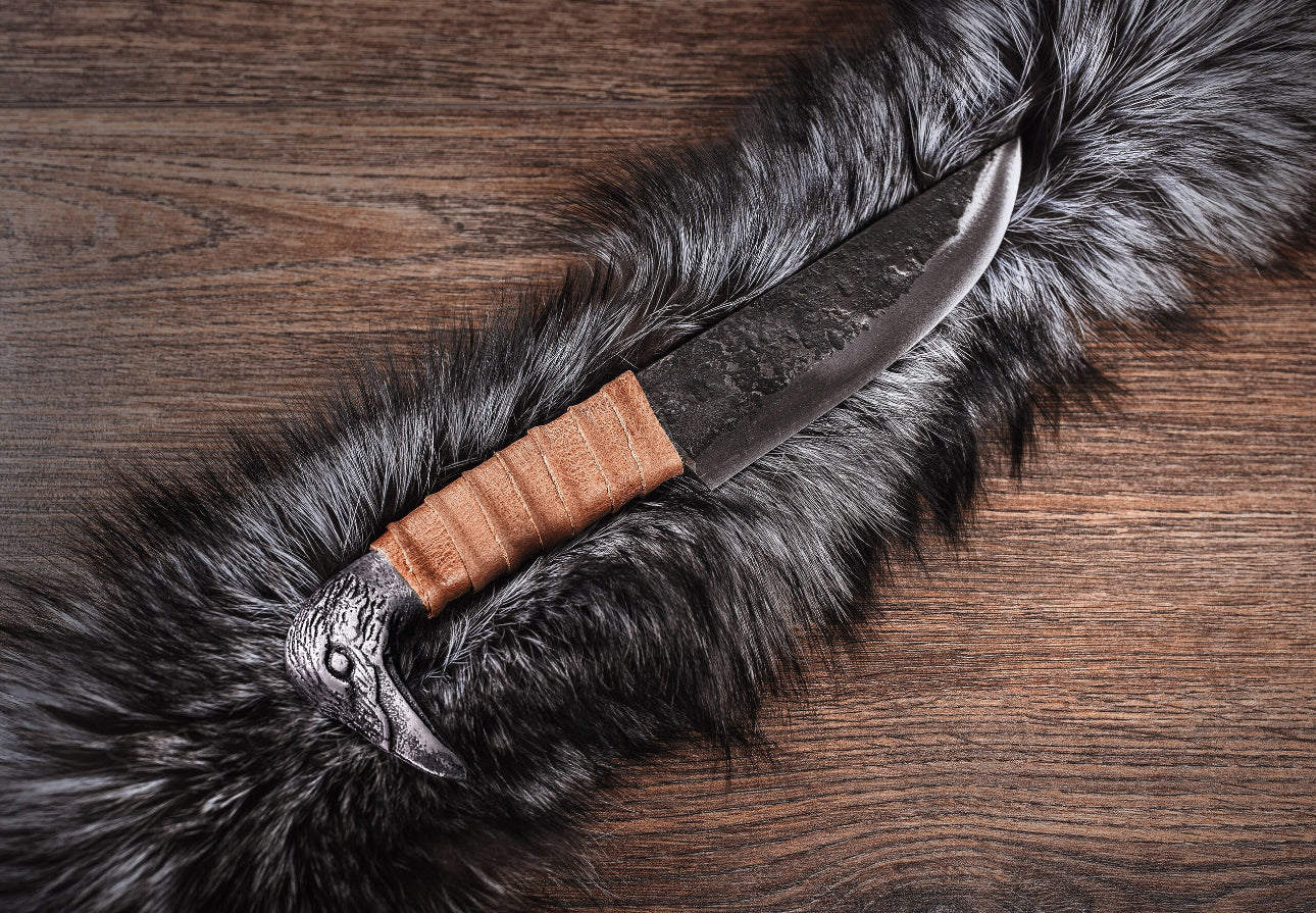 Viking Knife With Raven's Head Hilt & Leather Sheath - 5.5" Carbon Steel Sharp blade - Utility and Hunting Knife