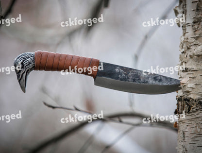 Viking Knife With Raven's Head Hilt & Leather Sheath - 5.5" Carbon Steel Sharp blade - Utility and Hunting Knife