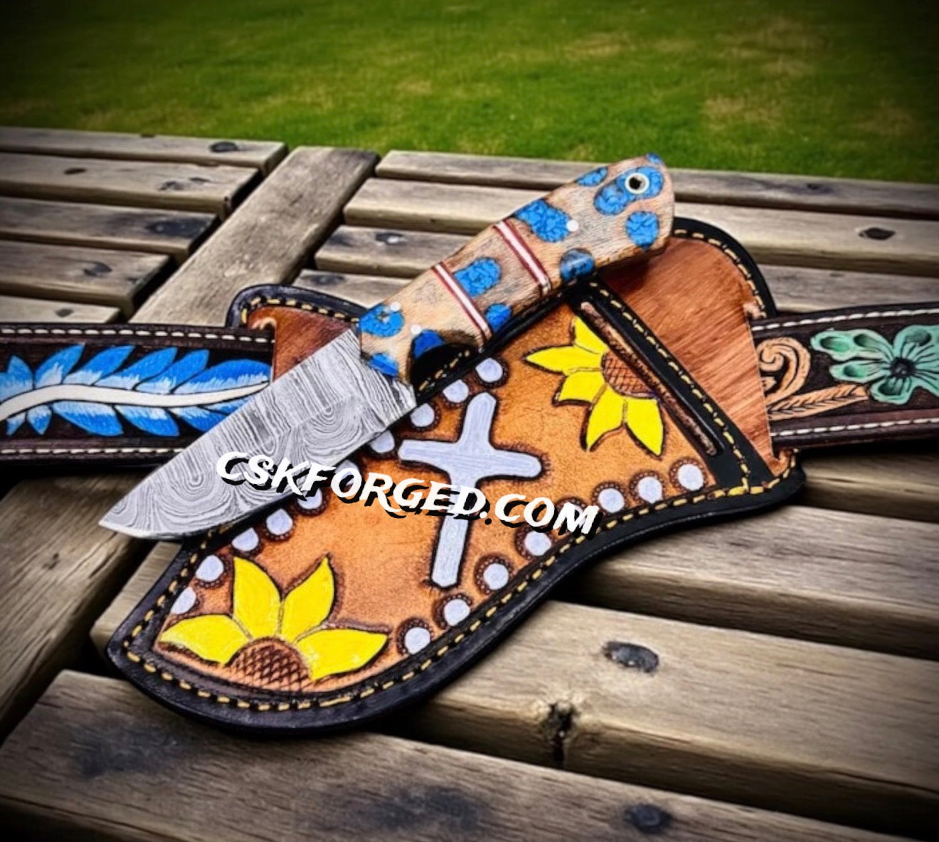 Handmade Ranch Knife with Turquoise Epoxy Ash Wood Handle