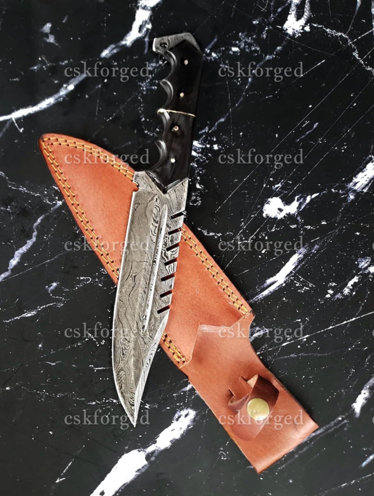 Titan Predator- Damascus Steel blade with serrated back/ Dyed bones scales