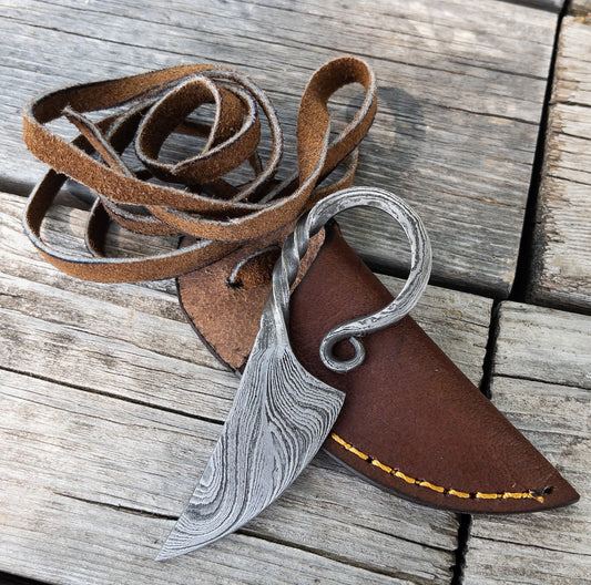 Miniature Damascus Steel Pocket Neck Knife - Medieval Scandinavian Inspired Hand Forged Collectible Viking Knife