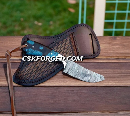 CROSS DRAW SHEATH WITH DAMASCUS KNIFE & RESIN HANDLE