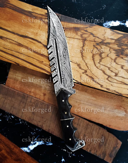 Titan Predator- Damascus Steel blade with serrated back/ Dyed bones scales