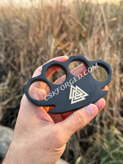 Viking-Inspired Black Powder-Coated Brass Knuckles with Valknut Design