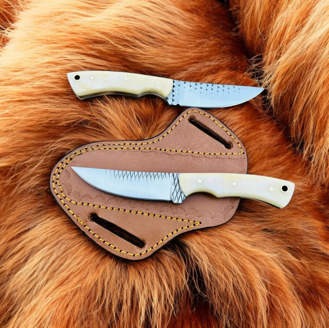 Pair Of Camel Bone Fixed Blade Skinning With Leather Sheath