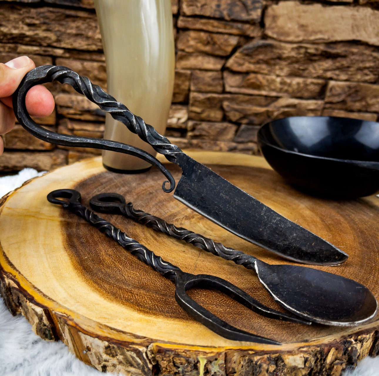 Emperor's Banquet 3PC Iron Silverware Set - Medieval Inspired Natural Iron Fork, Spoon, and Knife Cutlery Set for Camping & Reenactment