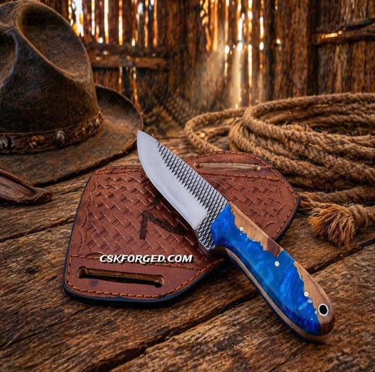 Cowboy Knife Rasp Steel Blade Epoxy Resin Handle Pancake Sheath