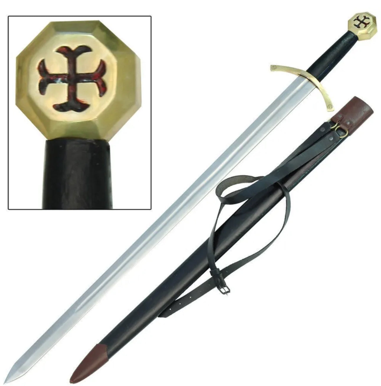 Knights Templar Crusader Arming Sword Leather Scab Carring Belt Red Cross Pommel