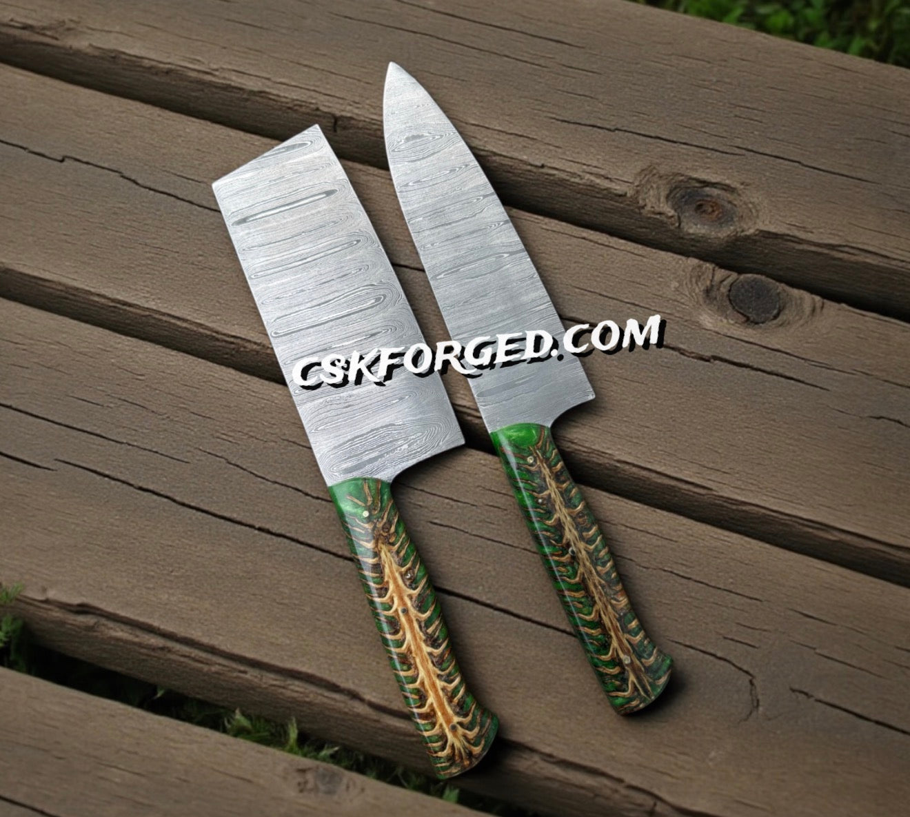 Damascus Steel Kitchen Knife Set – Handmade 5-Piece Chef Knives with Epoxy Pine-Cone Handle