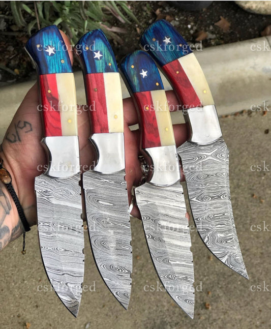 Custom Handmade Texas Flag Damascus Steel Hunting Knife | Exotic Wood-Bone Texas Flag Handle | 9 Inches | Leather Sheath