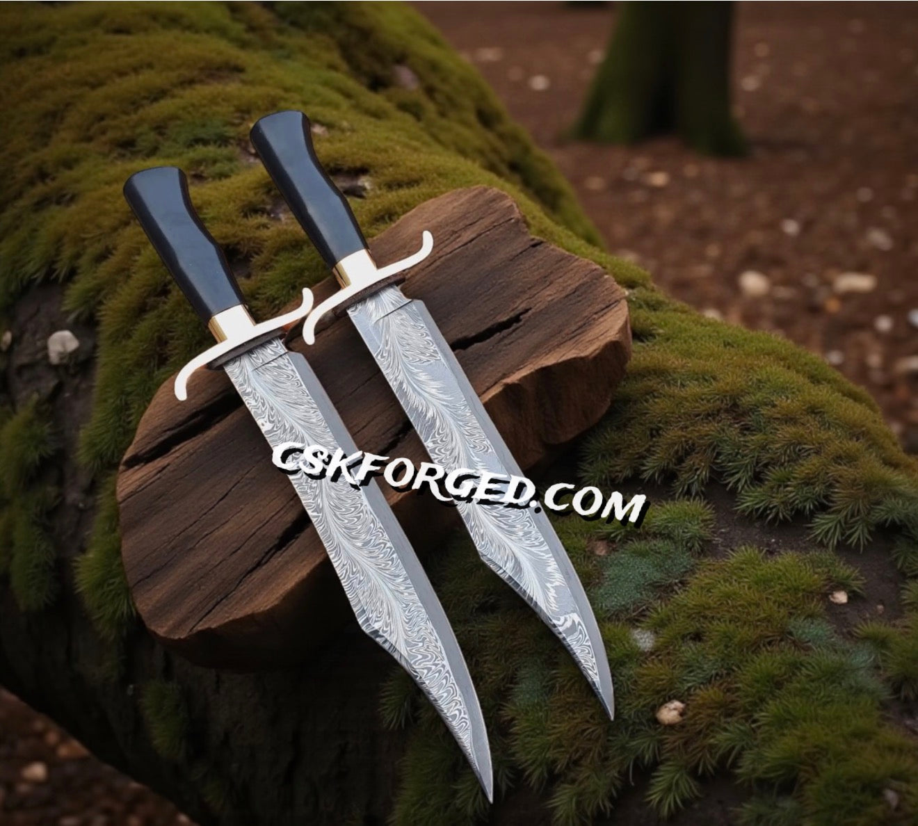 Alamo Musso Bowie Knife Set – Feather Damascus Steel Blades with Brass Guard & Micarta Handle | CSK Forged