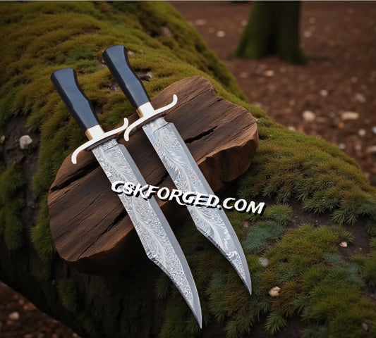 Alamo Musso Bowie Knife Set – Feather Damascus Steel Blades with Brass Guard & Micarta Handle | CSK Forged
