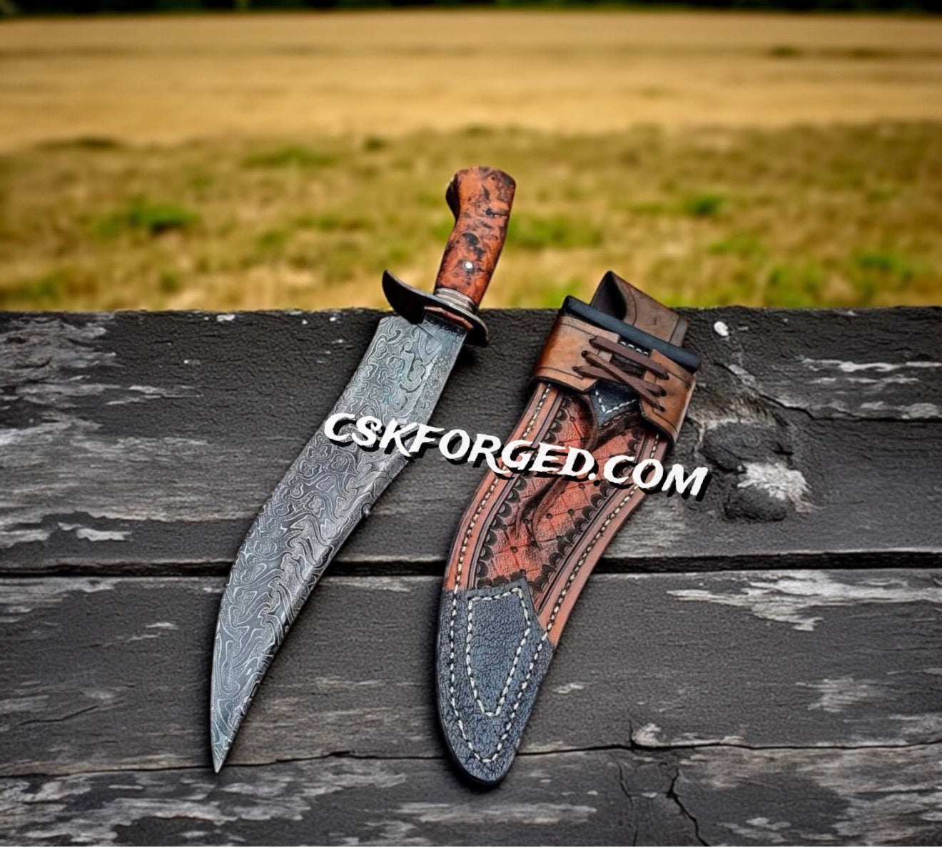 Stormbreaker Damascus Bowie With Custom Leather Pouch