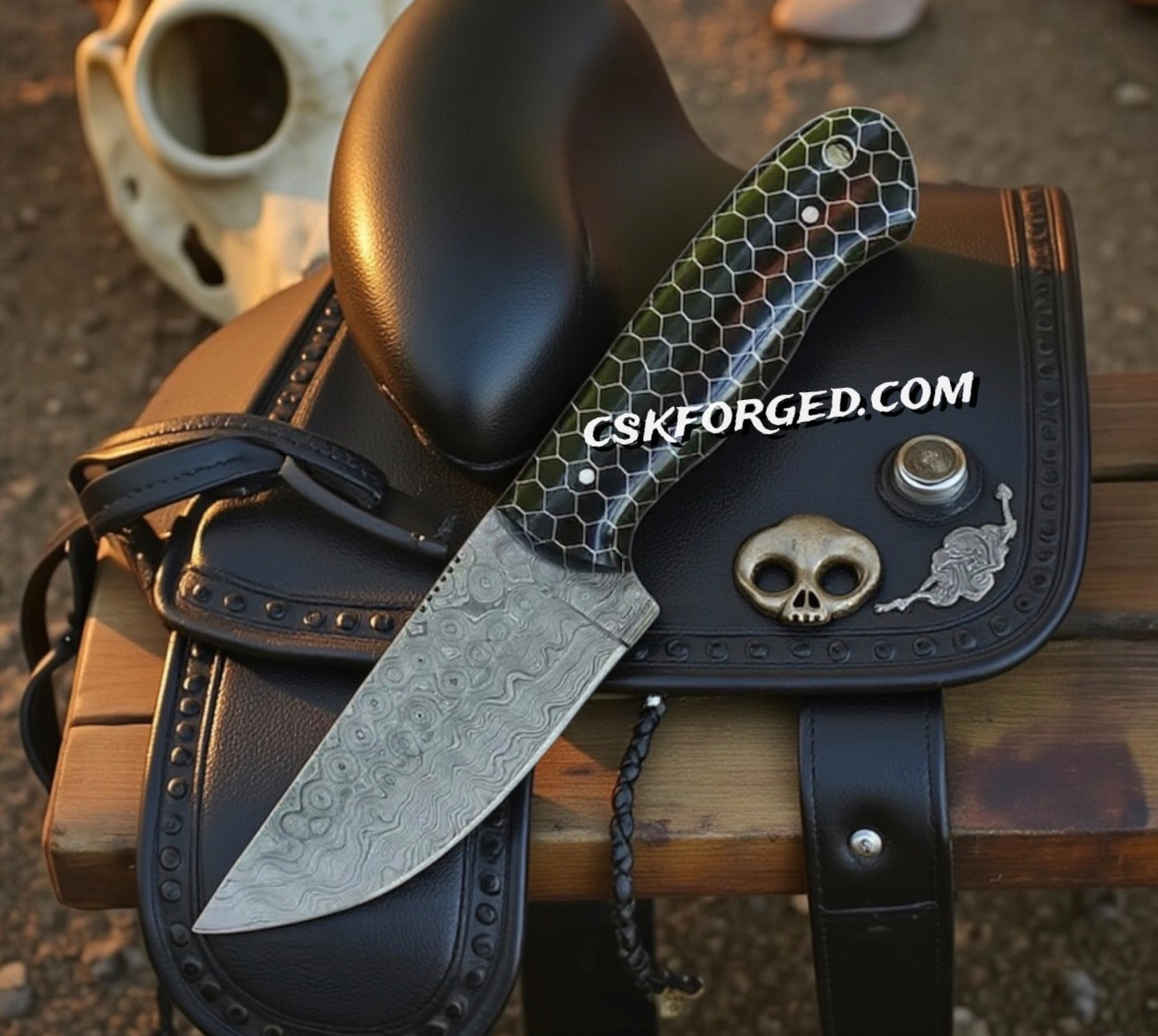 Cowboy Knife with 3.25" Damascus Blade - Durable Black Honeycomb Handle | Sharp & Reliable