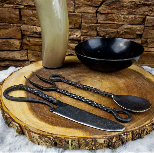 Emperor's Banquet 3PC Iron Silverware Set - Medieval Inspired Natural Iron Fork, Spoon, and Knife Cutlery Set for Camping & Reenactment