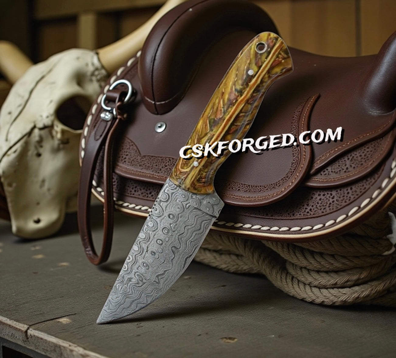 Cowboy Belt Knife 8" Damascus Blade with Pine-Cone Handle