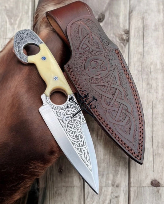 Custom Engraved Celtic Knife with Bone Handle & Viking Style Fixed Blade