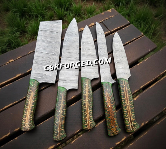 Damascus Steel Kitchen Knife Set – Handmade 5-Piece Chef Knives with Epoxy Pine-Cone Handle