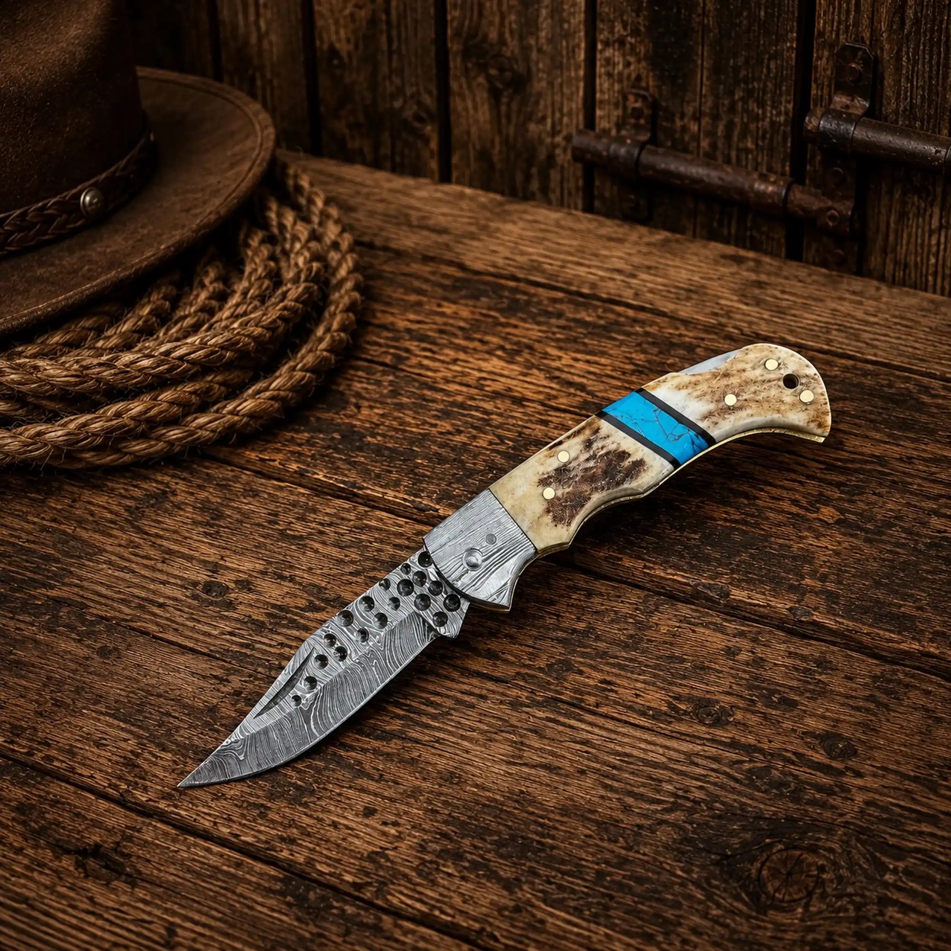 Cowboy Damascus Steel Folding Pocket Knife with natural antler horn handle, turquoise inlay, and razor-sharp by CSKFORGED.