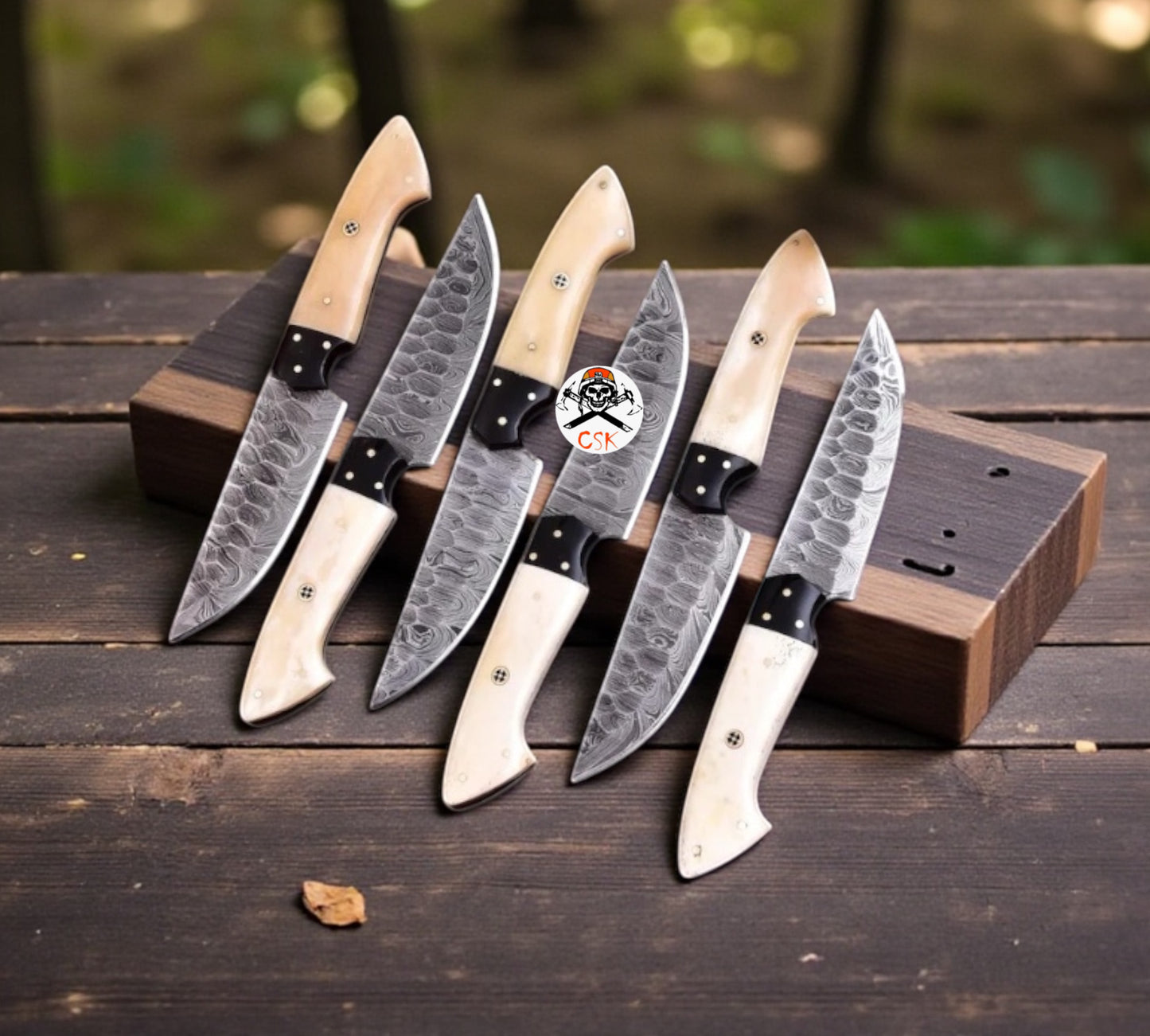 Bone Handle Steak Knifes Set - Premium Damascus Blades with Leather Roll Kit