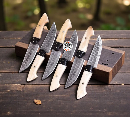 Bone Handle Steak Knifes Set - Premium Damascus Blades with Leather Roll Kit