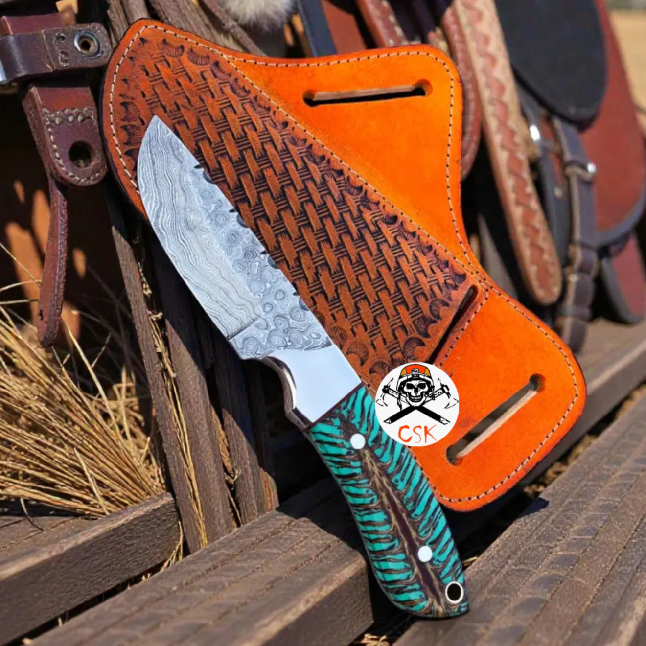 COWBOY KNIFE 3.25" DAMASCUS BLADE WITH PINE CONE RESIN HANDLE